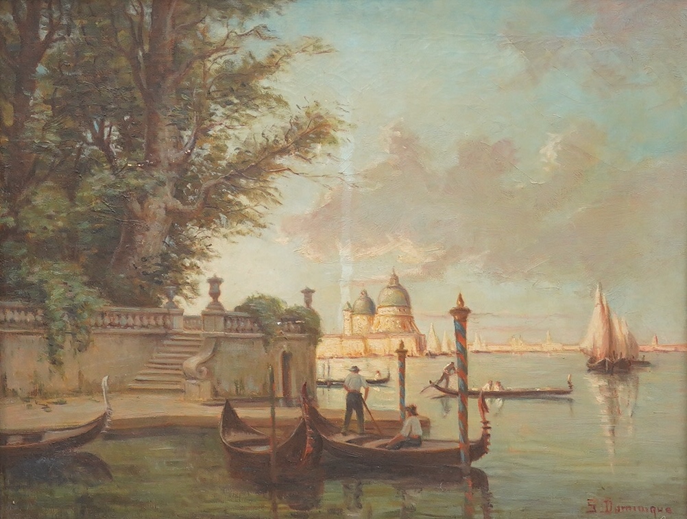 S. Dominque?, oil on canvas, Venetian scene with gondolas, signed, 49 x 64cm, ornately framed. Condition - fair, would benefit from a clean